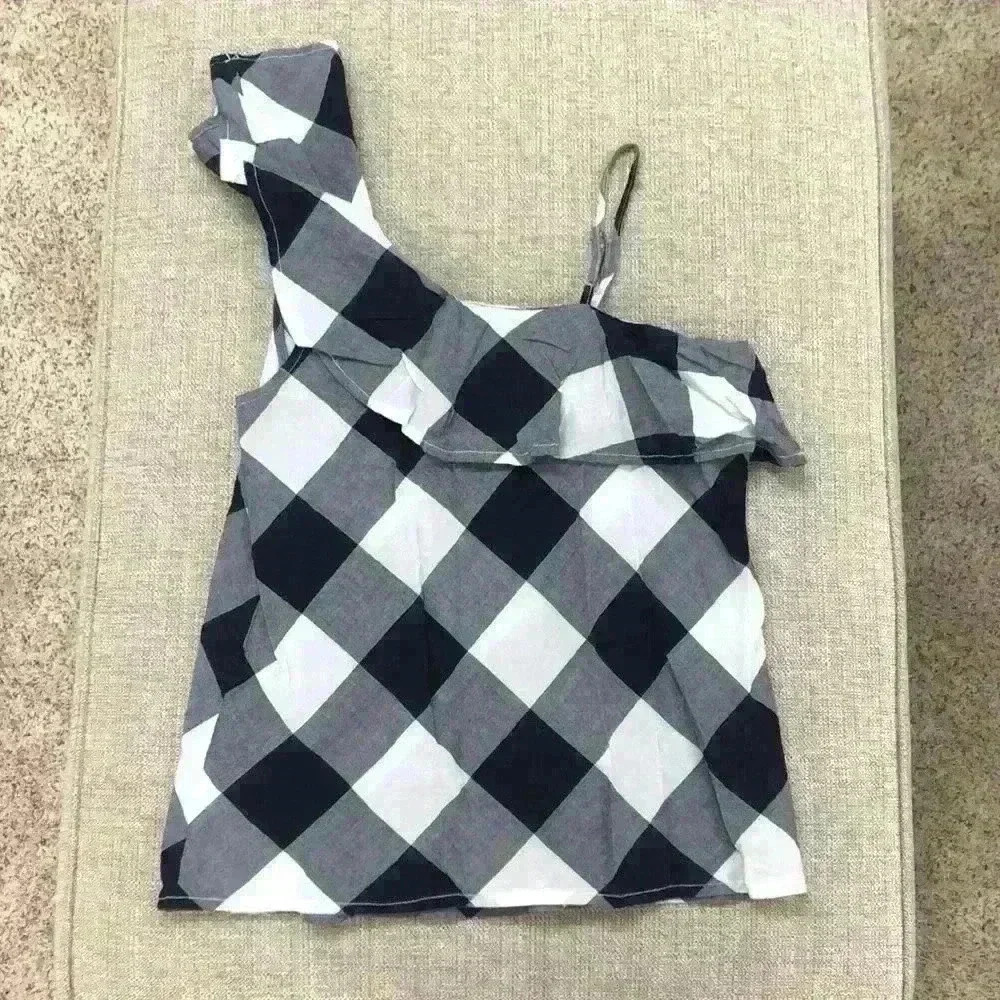 BeachLunchLounge One Shoulder Ruffle Checkered Top - Picture 2 of 4